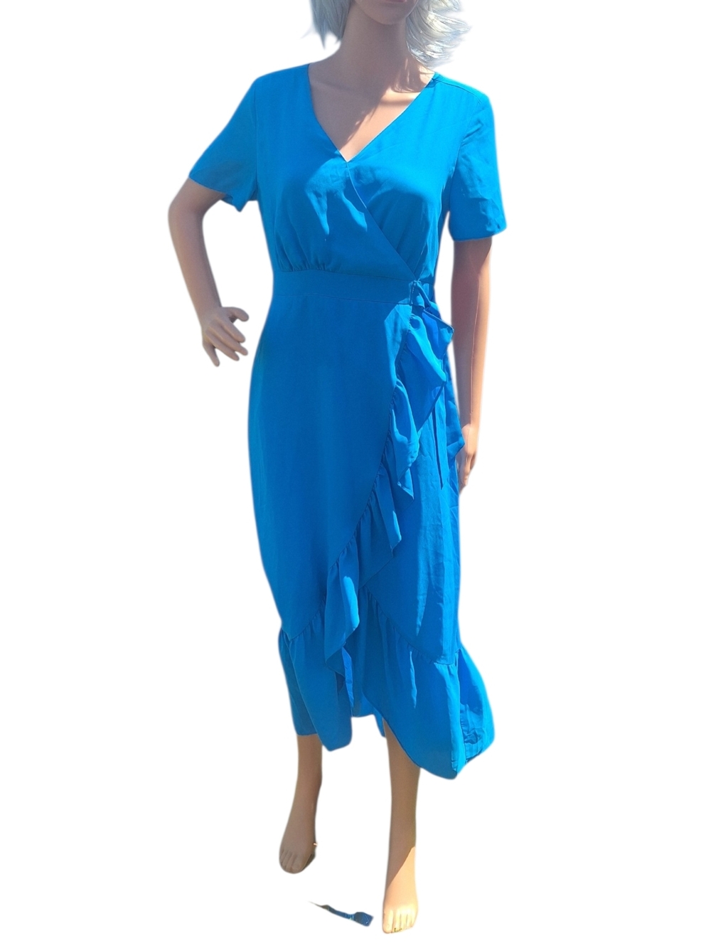 The Limited Dress Blue Short Sleeve Ruffle Faux Wrap Midi- Size 2 Business
